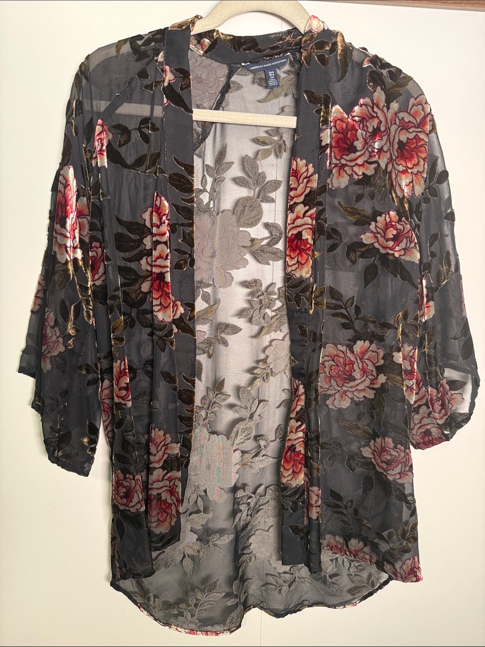 American Eagle Outfitters Black Sheer Floral Kimono with Pink & Red Flowers